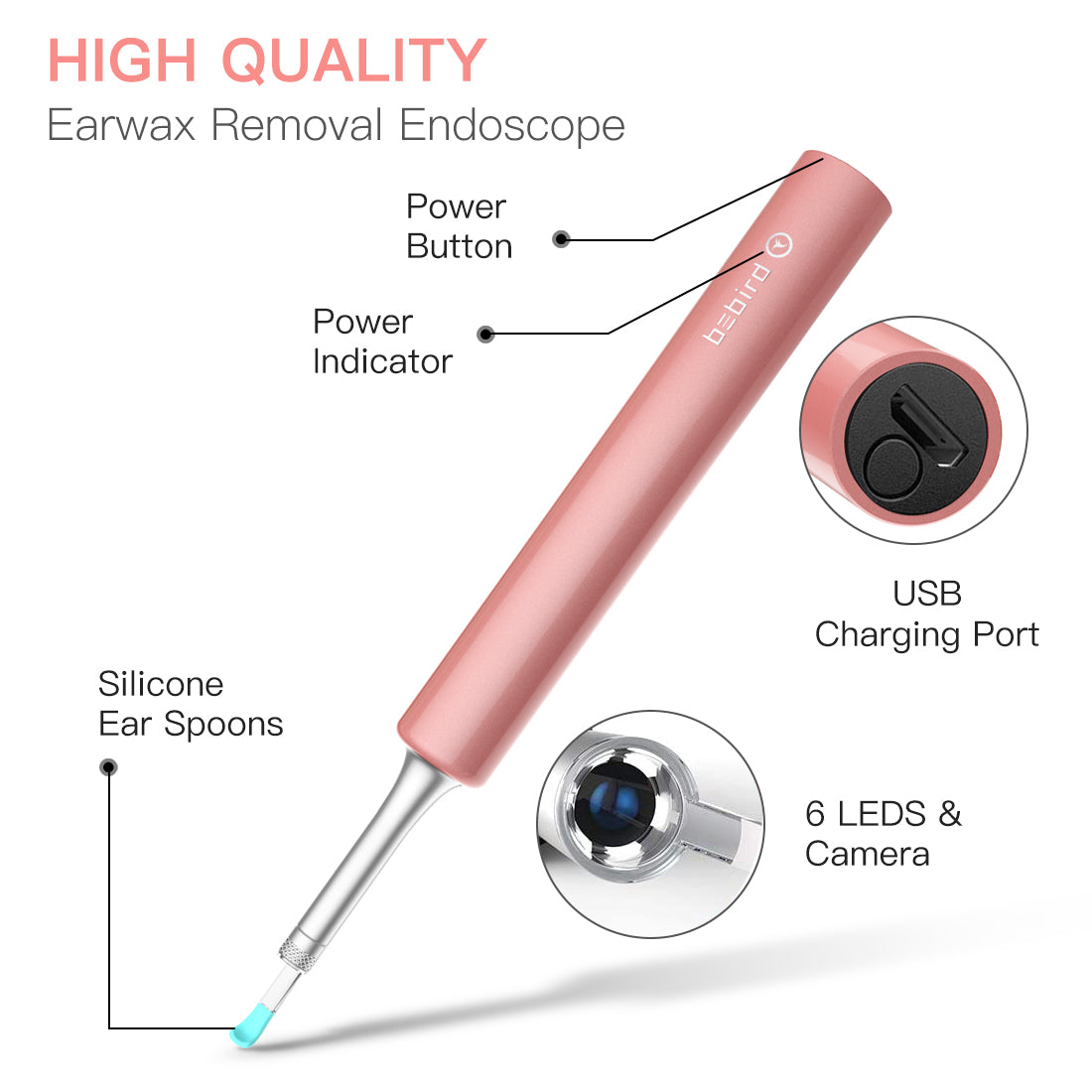 BEBIRD Ear Wax Removal Endoscope, Earwax Remover Tool, Ear Camera,1080P FHD Wireless Ear Otoscope with 6 LED Lights,Ear Scope with Ear Wax Cleaner Tool for iPhone, iPad & Android Smart Phones (Pink)