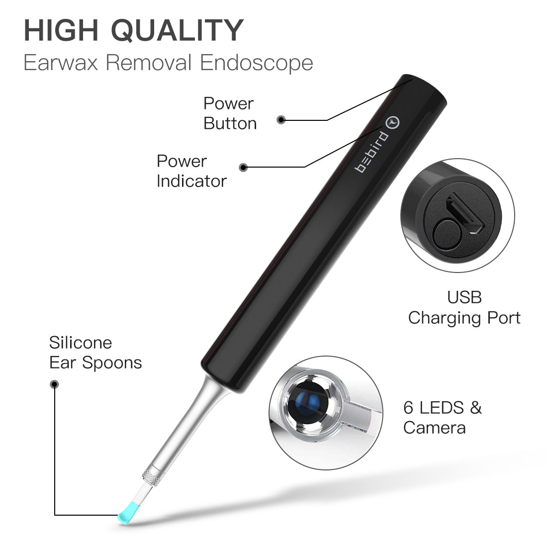 BEBIRD Ear Wax Removal Endoscope, Earwax Remover Tool, Ear Camera,1080P FHD Wireless Ear Otoscope with 6 LED Lights,Ear Scope with Ear Wax Cleaner Tool for iPhone, iPad & Android Smart Phones (Black)