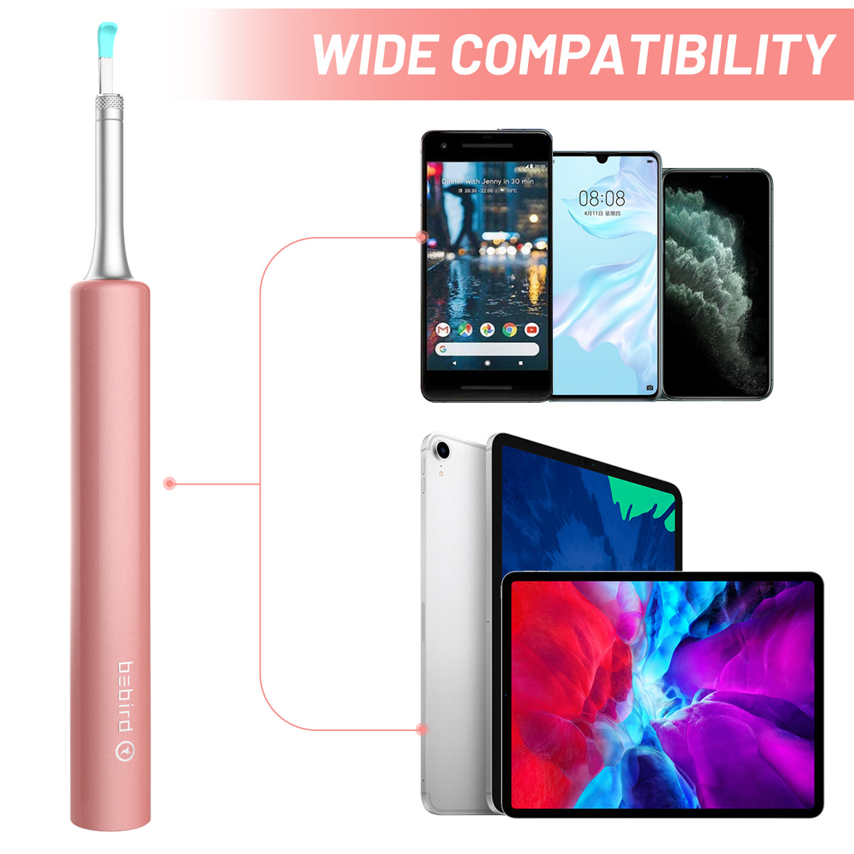 BEBIRD Ear Wax Removal Endoscope, Earwax Remover Tool, Ear Camera,1080P FHD Wireless Ear Otoscope with 6 LED Lights,Ear Scope with Ear Wax Cleaner Tool for iPhone, iPad & Android Smart Phones (Pink)